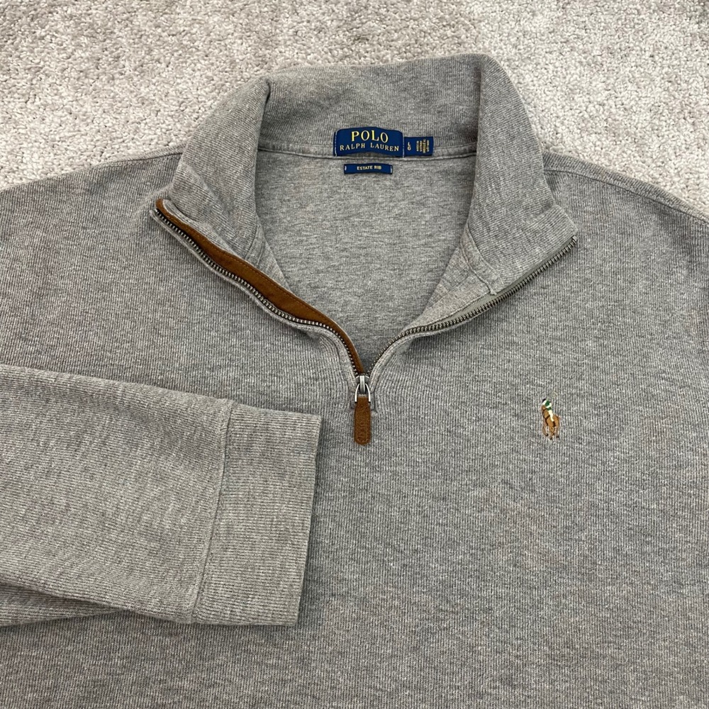 Polo Ralph Lauren 1/4 Zip Pullover Mens Large Estate Rib Mock Neck Grey Cotton